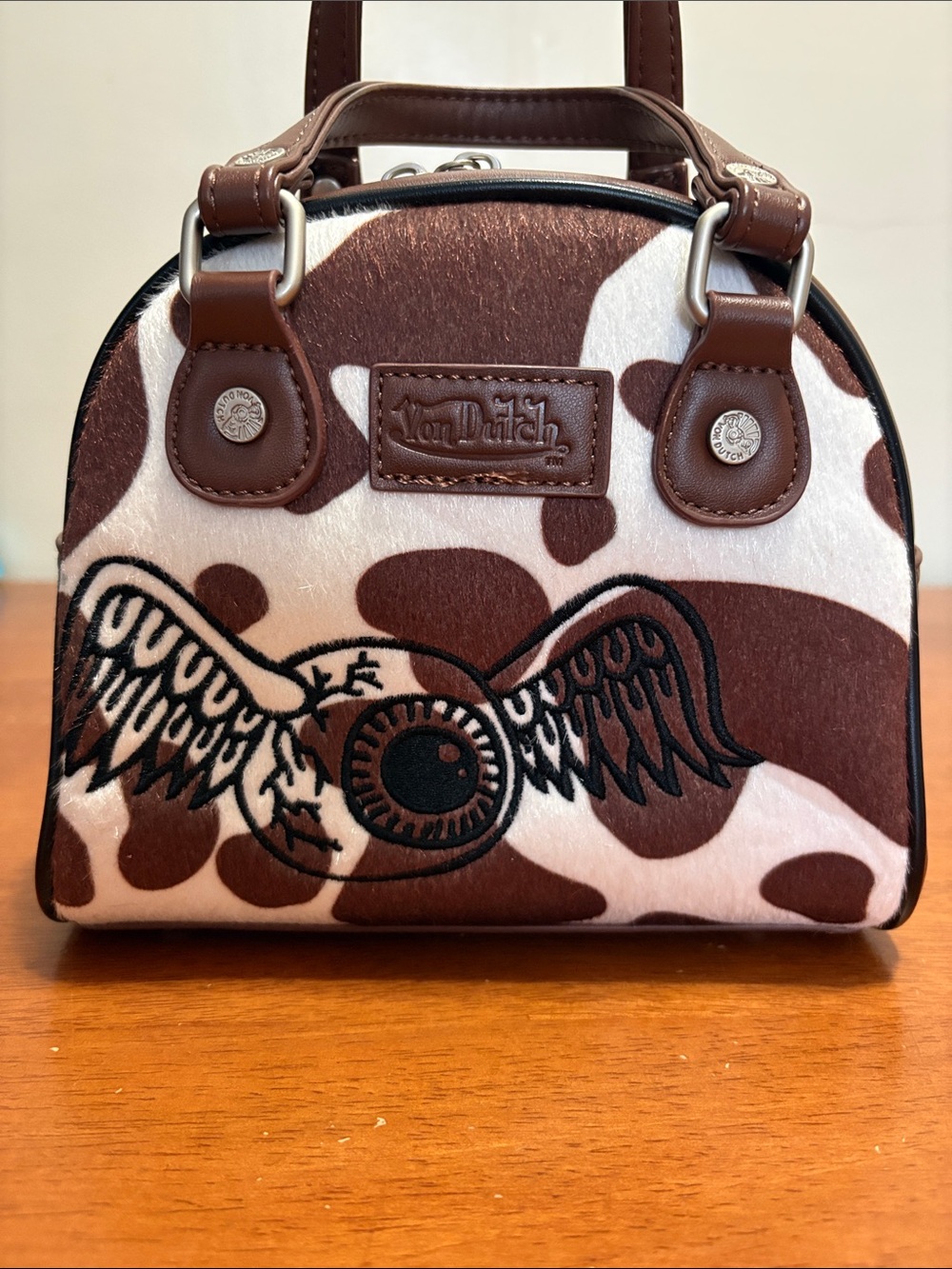 Von Dutch Brown & White Cow-Print Mini Satchel - Picture 3 of 6